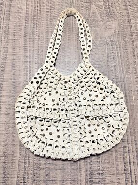 White Woven Studded Shoulder Bag - Women's Leather Tote no liner on inside